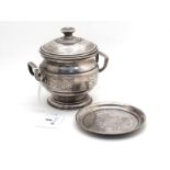 A Russian Twin Handled Lidded Sucrier, with circular pull off cover, foliate engraved decoration and