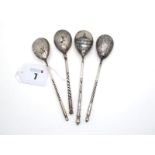 Four Decorative Russian (84) Teaspoons, each with decorative handle and two with niello