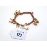 A 9ct Rose Gold Curb Link Charm Bracelet, to a heart shape padlock style clasp, suspending novelty