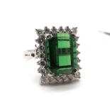 A Large Tourmaline and Diamond Set Rectangular Cluster Ring, four claw set to the centre within claw