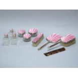 A Hallmarked Silver and Pink Enamel Dressing Table Set, Albert Carter, Birmingham 1935, 1936,