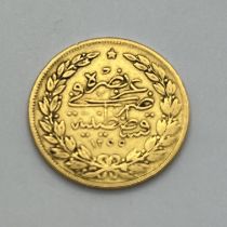 Mehmed V Rasad Gold Turkey 100 Kurus Coin, 7.2g.