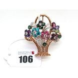 A Highly Decorative Flower Basket Brooch, of openwork design, multi set throughout, stamped "9ct",