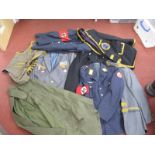 Variety of Military and Police Jackets, some with medals, British Army poncho with broad arrow dated