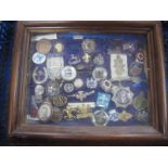 Selection of Mainly WWI/WWII Military Badges, Sweetheart Badges, and Service Badges, in frame.