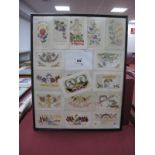 Display of WWI and Other Silk Embroidered Cards, in frame (approximately 41 x 51cm).