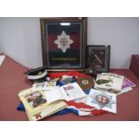 British Army Coldstream Guards Themed Collection, including framed titled cloth insignia (55cm x