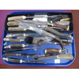 A Collection of Assorted Stag Horn Handled Knives, meat carving knives and forks, corkscrews;