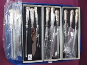 Hallmarked Silver Handled Kings Pattern Three Piece Meat Carving Sets, (three boxed).