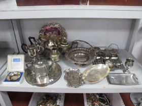 Assorted Plated Ware and Stainless Steel, including Old Sheffield Plate swing handled footed dish,