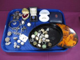 Assorted Costume Earrings, "925" and other dress rings, bangle, shell flower brooch etc :- One Tray