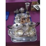 Plated Ware, including Art Deco style four piece tea set, engine turned tray, cruet stand, pair of