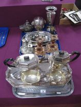 Plated Ware, including Art Deco style four piece tea set, engine turned tray, cruet stand, pair of