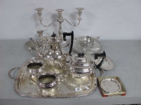 A Plated Four Piece Tea Set, of semi reeded design, together with a plated twin handled tray, pair
