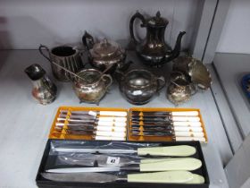 Plated Tea Wares, Modernist style Kings Cutlery Sheffield meat carving set, boxed knives, sugar