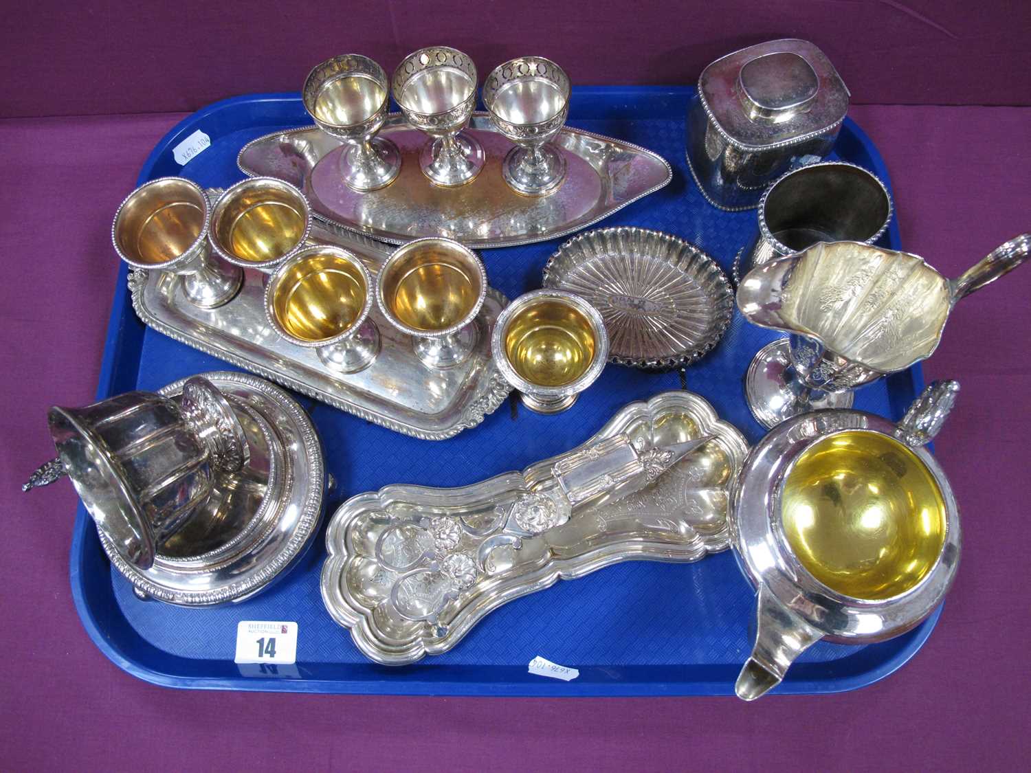 Georgian and Later Plated Ware, including caddy, assorted egg cups, candle snuffers on stand, jug,