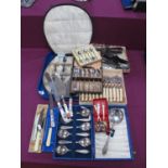 A Collection of Assorted Plated Cutlery, including large fitted case with teaspoons and sugar tongs,