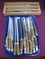 A Collection of Stag Horn Handled Meat Carving Knives, Forks and Steels, including decorative