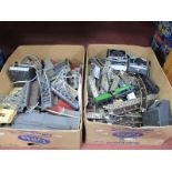 Contents of a "OO" Gauge Rail Modelers Workshop, to include engine shed, bridges, train station, and