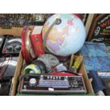 A Roberts R707 radio, model globe on wooden stand, stained glass butterfly and cat lamps and a WM