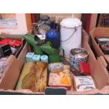 Enamelled Pail, oil cans, tins, crib board, etc:- One Box.