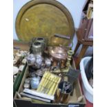 Metalware, to include large Indian copper tray, 59cm wide, pair of brass candlesticks, large