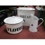 Enamelled Bread Bin, flour bin and 'Old Farmhouse' jug (3).