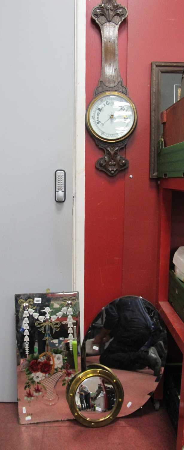 A Victorian Barometer, a small convex brass porthole mirror, a Victorian Painted and etched Gypsy
