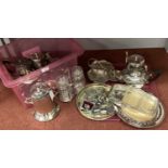 A Collection of Assorted Plated Ware, including tea wares, pickle jars on stand, gallery style