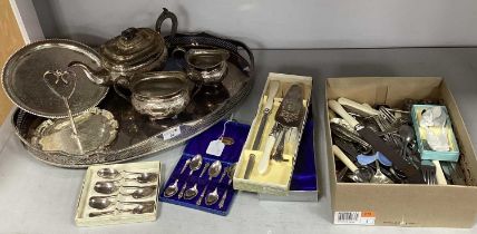 Assorted Plated Ware, including oval gallery style tray, plated three piece tea set, assorted plated