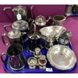 Assorted Plated Ware, including tea wares, EPBM glass bottom mugs, footed dish, cruet set,