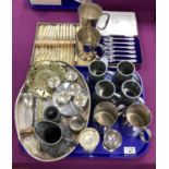 Assorted Plated Ware, including plated and pewter mugs, oval tray, salts, cased cutlery, etc.