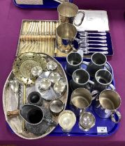Assorted Plated Ware, including plated and pewter mugs, oval tray, salts, cased cutlery, etc.