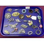 Vintage and Later Brooches, including enamel butterfly, diamanté, SJC Pewter, ceramic, Miracle