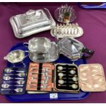 Hallmarked Silver and Other Coffee Spoons, together with plated rectangular lidded entree dish,