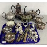 Assorted Plated Ware, including tea wares, assorted cutlery, cruet, etc :- Two Trays
