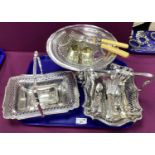 Decorative Electroplated Comport, two swing handled rectangular plated baskets, hallmarked silver