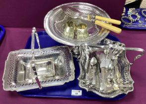 Decorative Electroplated Comport, two swing handled rectangular plated baskets, hallmarked silver
