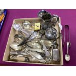 Assorted Plated Cutlery, including pair of hallmarked silver Fiddle Pattern sugar tongs, a