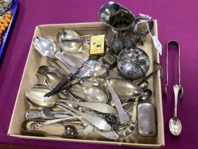 Assorted Plated Cutlery, including pair of hallmarked silver Fiddle Pattern sugar tongs, a