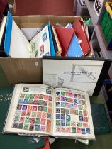 A Box of GB and World stamps in albums, packets and loose plus empty new age albums.