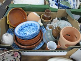 Studio pottery to include three matching blue bowls of varied size marked Porches 89 to reverse