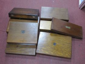 Four Oak Cutlery Canteen Boxes, three others, all with green baize interiors, smaller box with inner