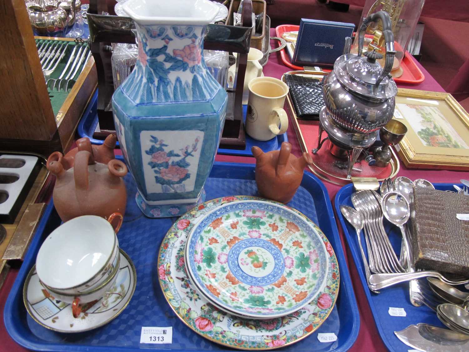 Pair of oriental plates, pair of Japanese egg shell cup and saucers, oriental vase. 1 Tray. Both