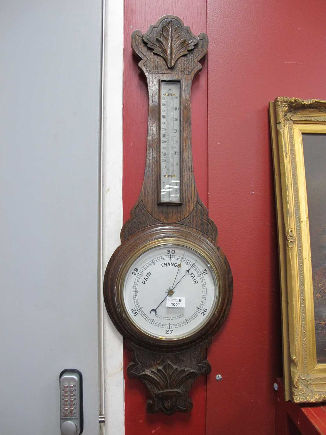 Early XX Century Oak Anoroiod Two Dial Barometer, with a shaped top and base, 90cm