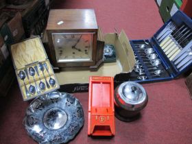 1920's Walnut Mantel Clock, oak tobacco jar, cutlery etc:- One Box.