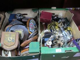 Trophies - football, shooting, golf, many shields and plaques, Military noticed:- Two Boxes.