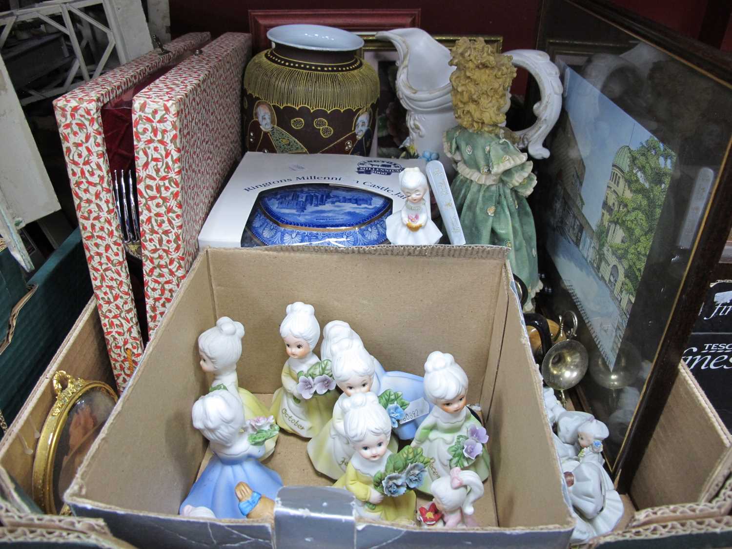 Cutlery, prints, Italina figurines, Ringtons jar, Japanese vase etc:- One Box