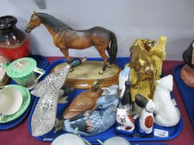 A Capodimonte G. Armani Figure of a Horse, on wooden plinth, two metal ducks, wooden and brass duck,