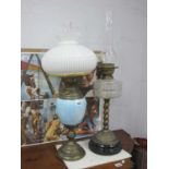 XIX Century Oil Lamp, with funnel, glass well, barley twist column, together with one other oil lamp